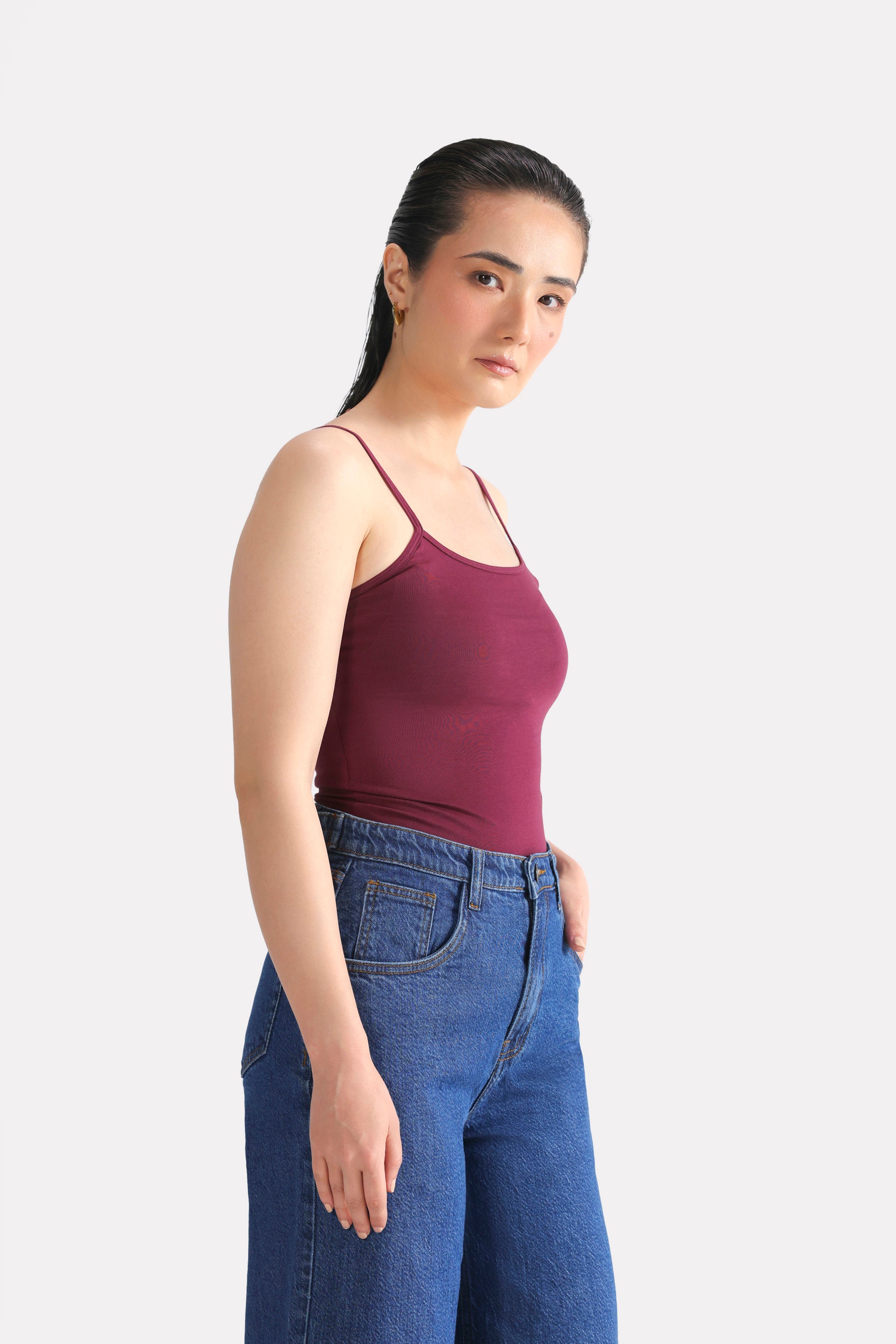 Dark red (burgundy) camisole, full styled look, by SOLA Pakistan.