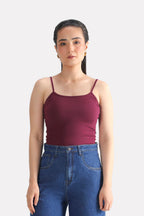 Dark red (burgundy) camisole in cotton, worn by a model, by SOLA Pakistan.
