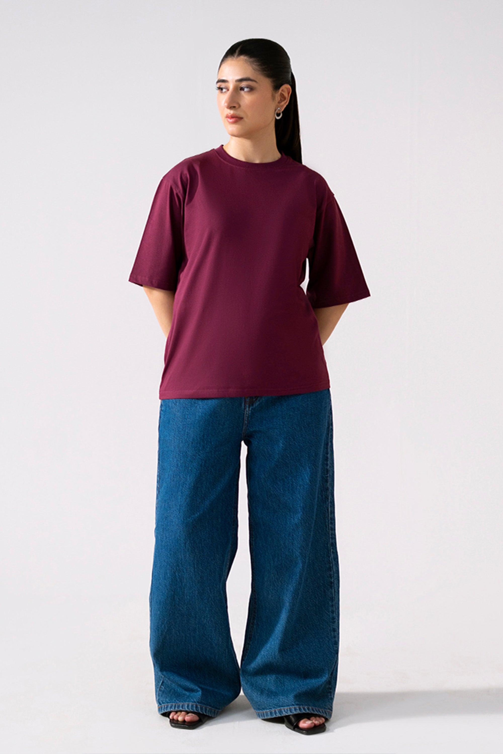 Dark red (burgundy) round neck t-shirt, full styled look, by SOLA Pakistan.
