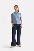 Faded blue (faded denim) jhonny collar polo t-shirt, full styled look, by SOLA Pakistan.