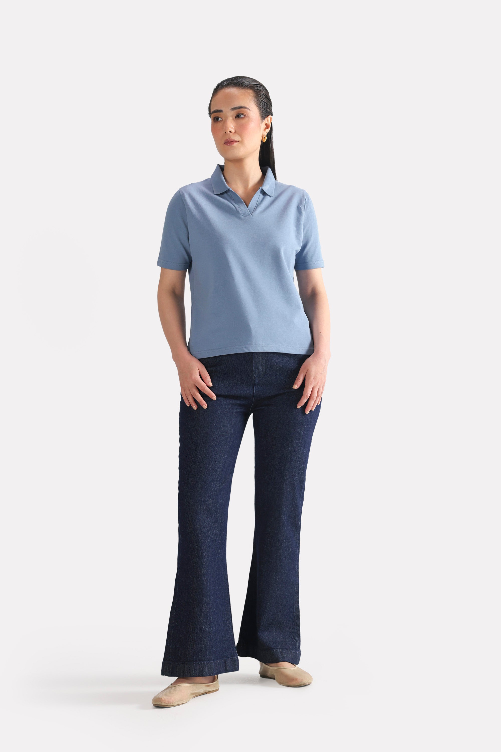 Faded blue (faded denim) jhonny collar polo t-shirt, full styled look, by SOLA Pakistan.