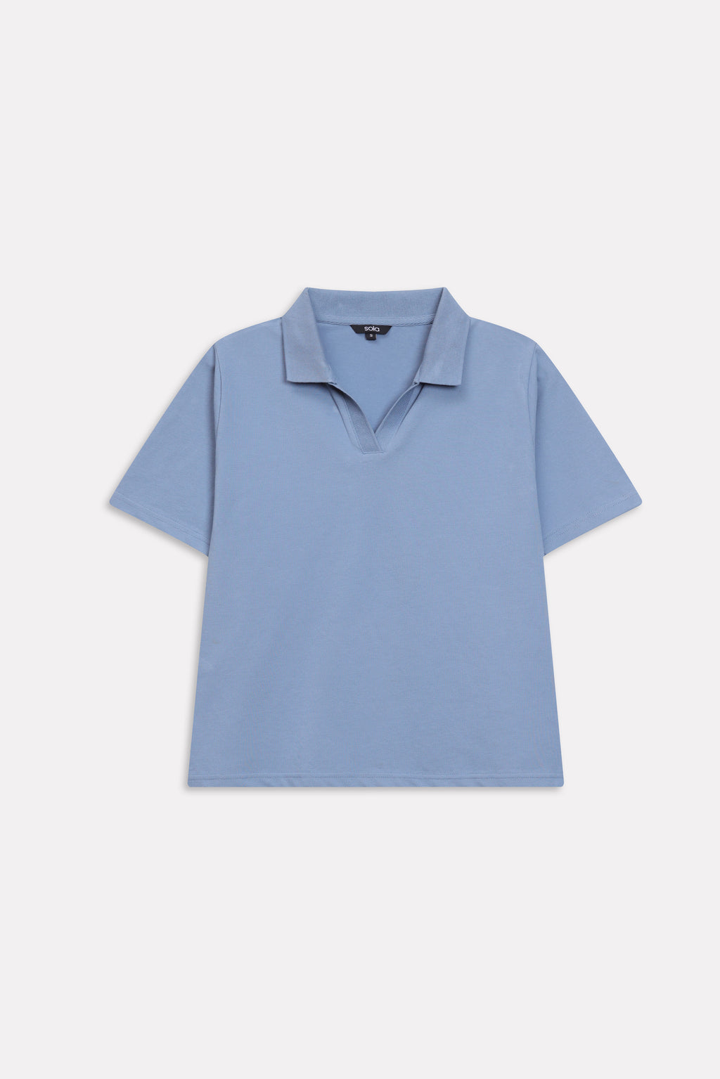 Faded blue (faded denim) jhonny collar polo t-shirt shown in a styled fit, by SOLA Pakistan.