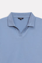 Texture and fabric detail, faded blue (faded denim) jhonny collar polo t-shirt, by SOLA Pakistan.