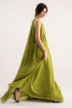 Flat lay of the green hatter neck a-line maxi dress, by SOLA Pakistan.