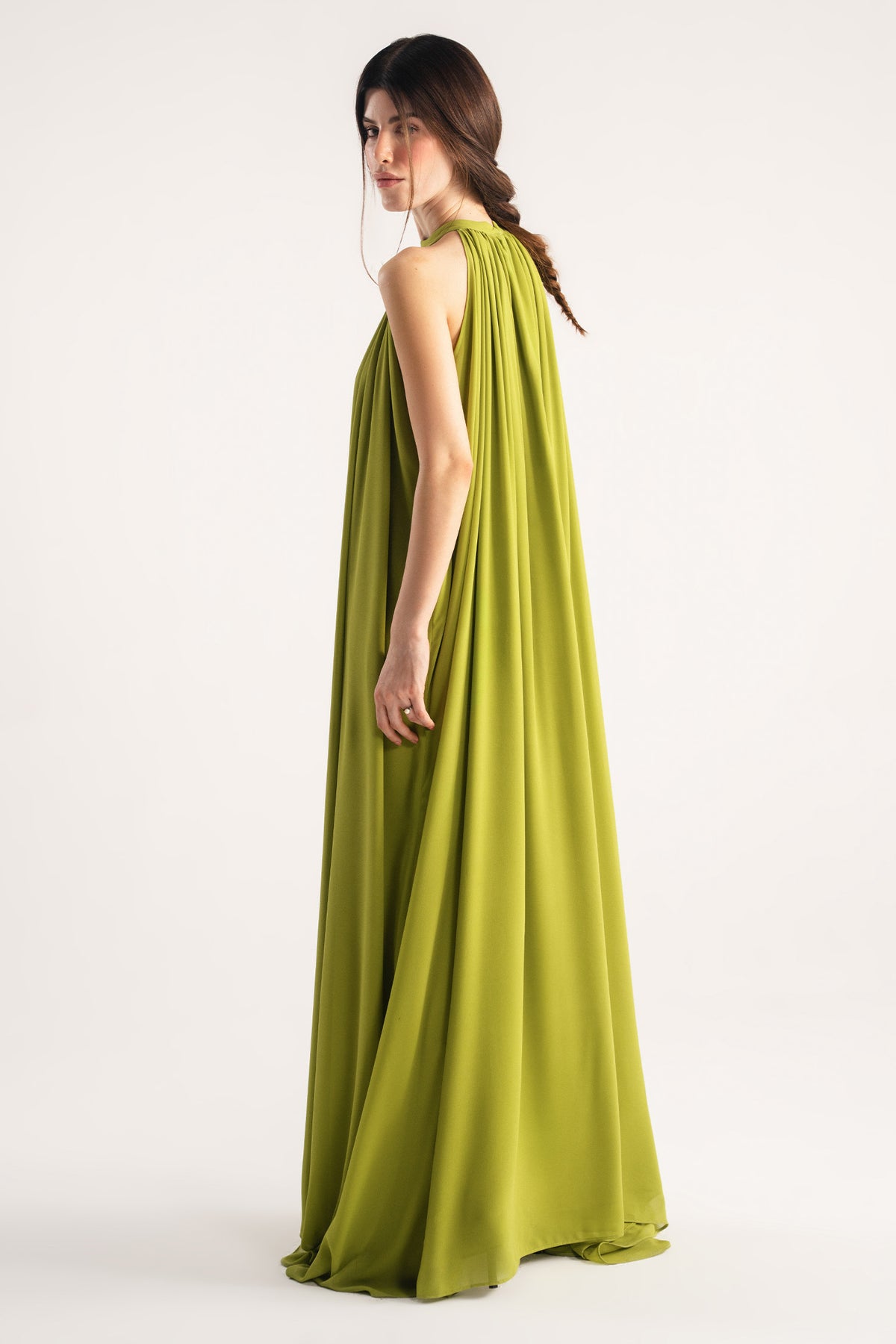 Green hatter neck a-line maxi dress, full styled look, by SOLA Pakistan.