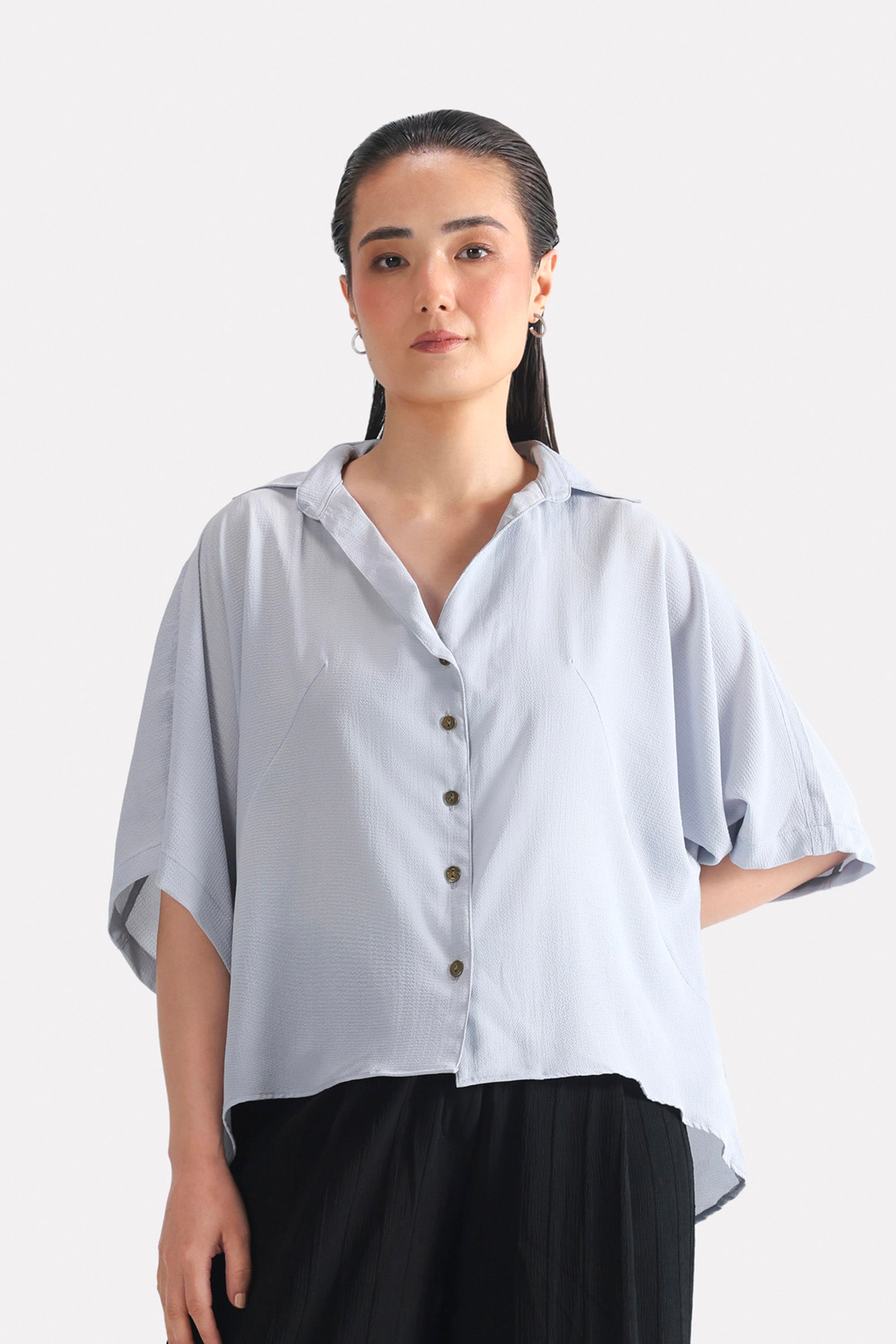 Grey bubble hem oversized top, alternate angle, by SOLA Pakistan.