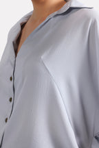 Texture and fabric detail, grey bubble hem oversized top, by SOLA Pakistan.
