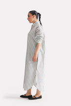 Additional view of the grey & white stripe classic a-line shirt dress, by SOLA Pakistan.