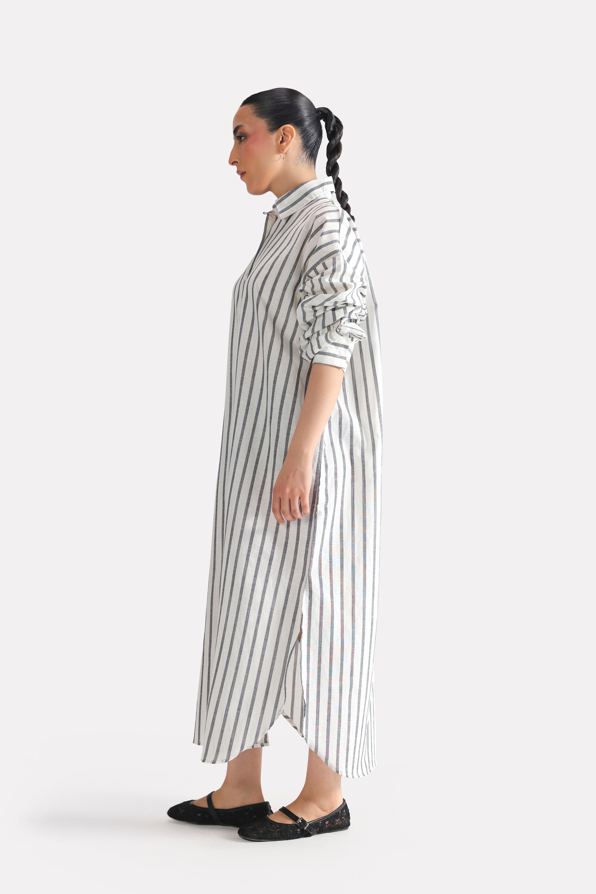 Additional view of the grey & white stripe classic a-line shirt dress, by SOLA Pakistan.