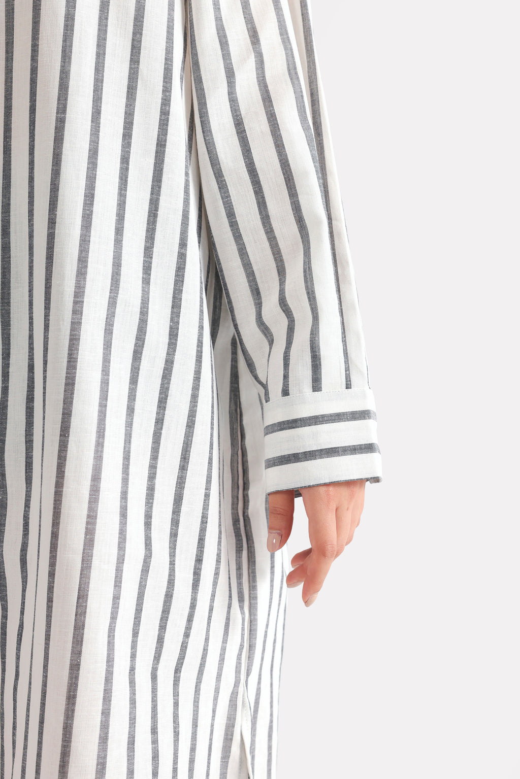 Additional view of the grey & white stripe classic a-line shirt dress, by SOLA Pakistan.