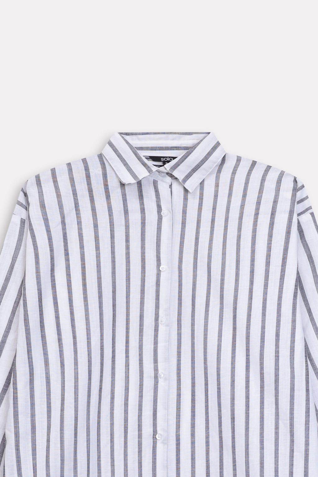 Additional view of the grey & white stripe classic a-line shirt dress, by SOLA Pakistan.