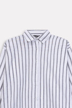 Additional view of the grey & white stripe classic a-line shirt dress, by SOLA Pakistan.