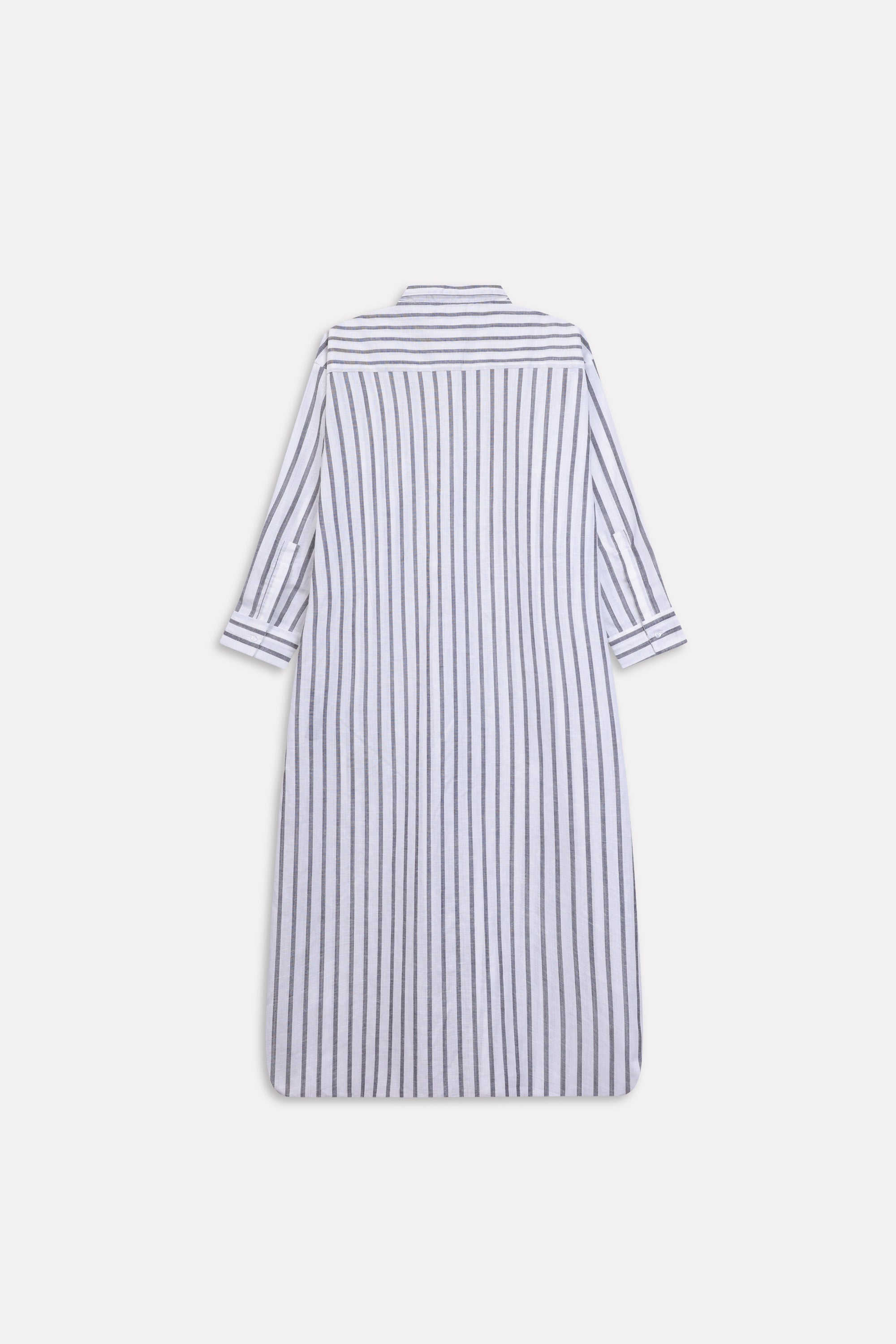 Grey & white stripe classic a-line shirt dress, alternate angle, by SOLA Pakistan.