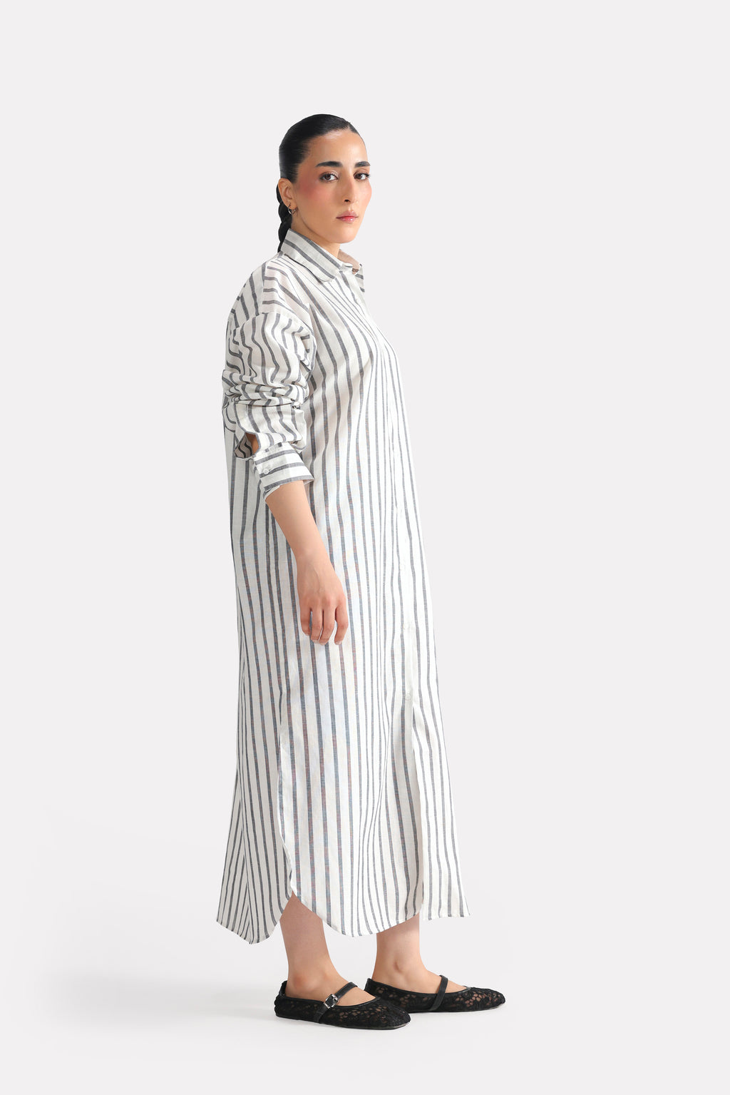 Close-up detail on the grey & white stripe classic a-line shirt dress, by SOLA Pakistan.