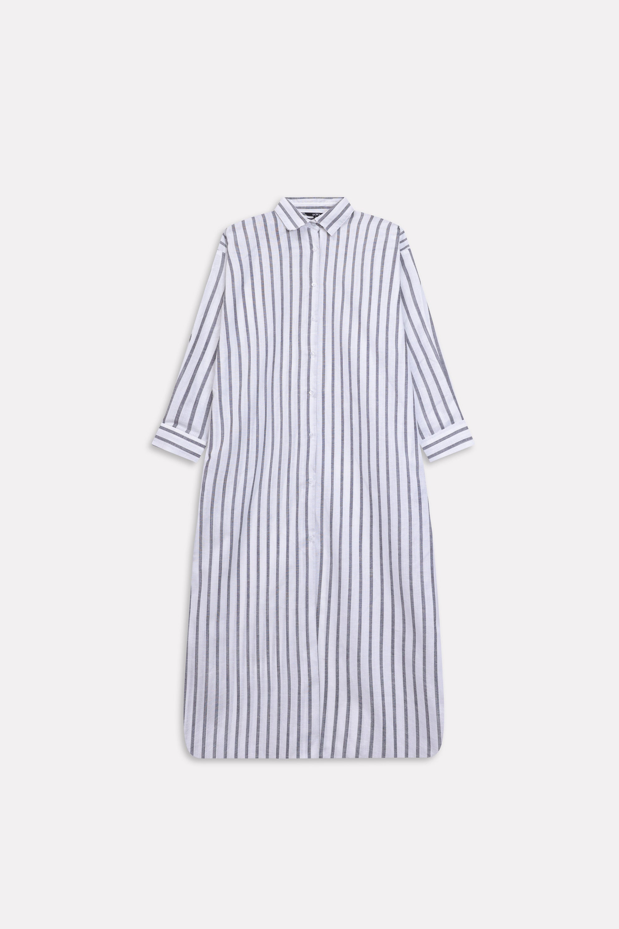 Flat lay of the grey & white stripe classic a-line shirt dress, by SOLA Pakistan.