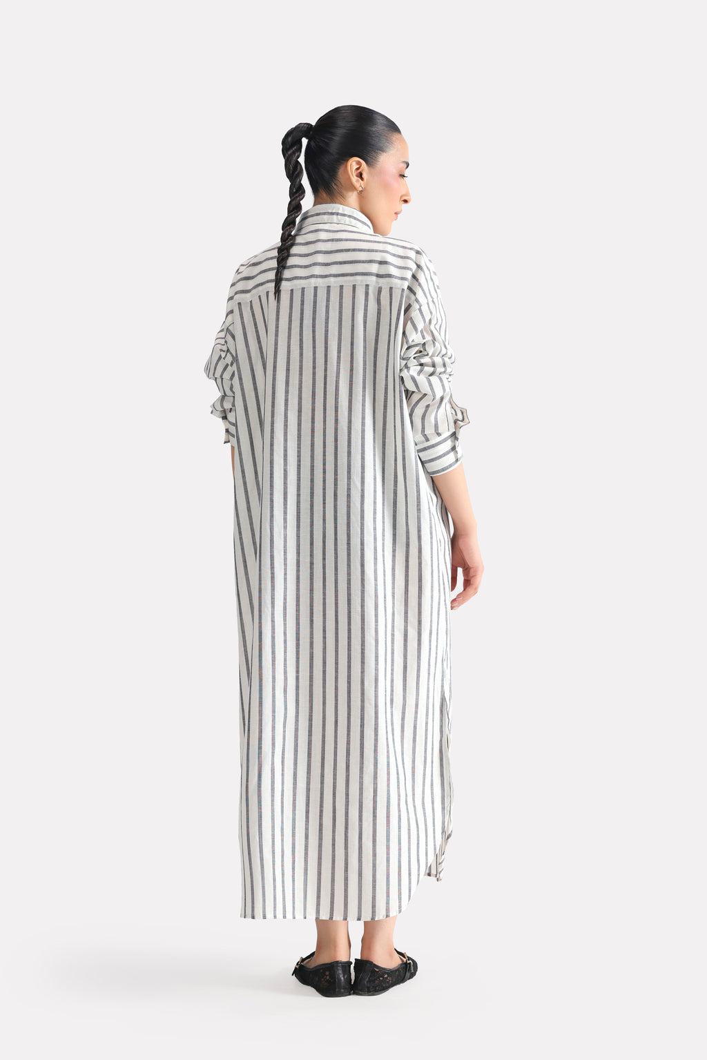 Grey & white stripe classic a-line shirt dress, full styled look, by SOLA Pakistan.