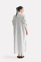 Grey & white stripe classic a-line shirt dress, full styled look, by SOLA Pakistan.