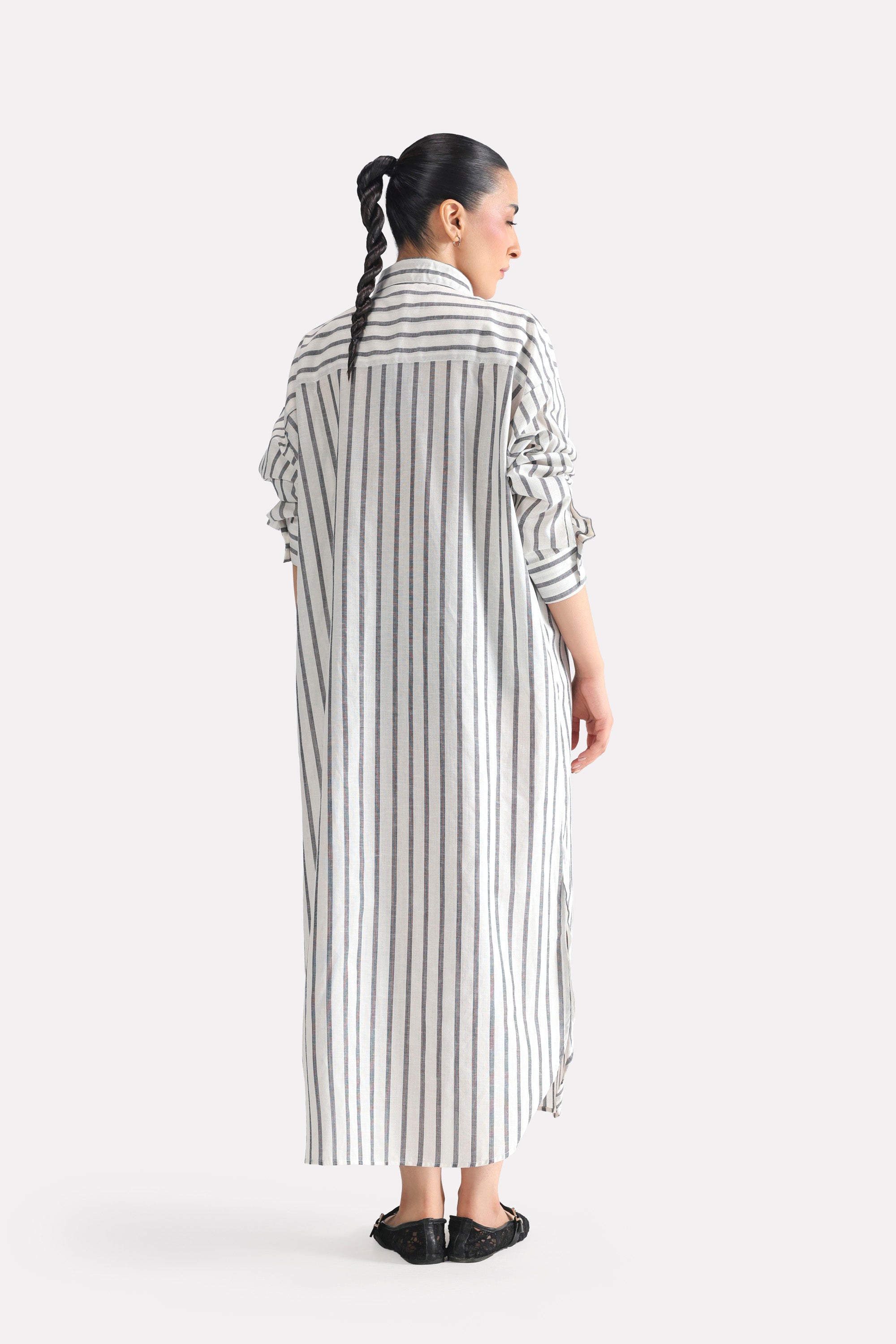 Grey & white stripe classic a-line shirt dress, full styled look, by SOLA Pakistan.