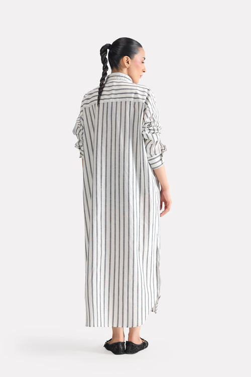 Grey & white stripe classic a-line shirt dress, full styled look, by SOLA Pakistan.