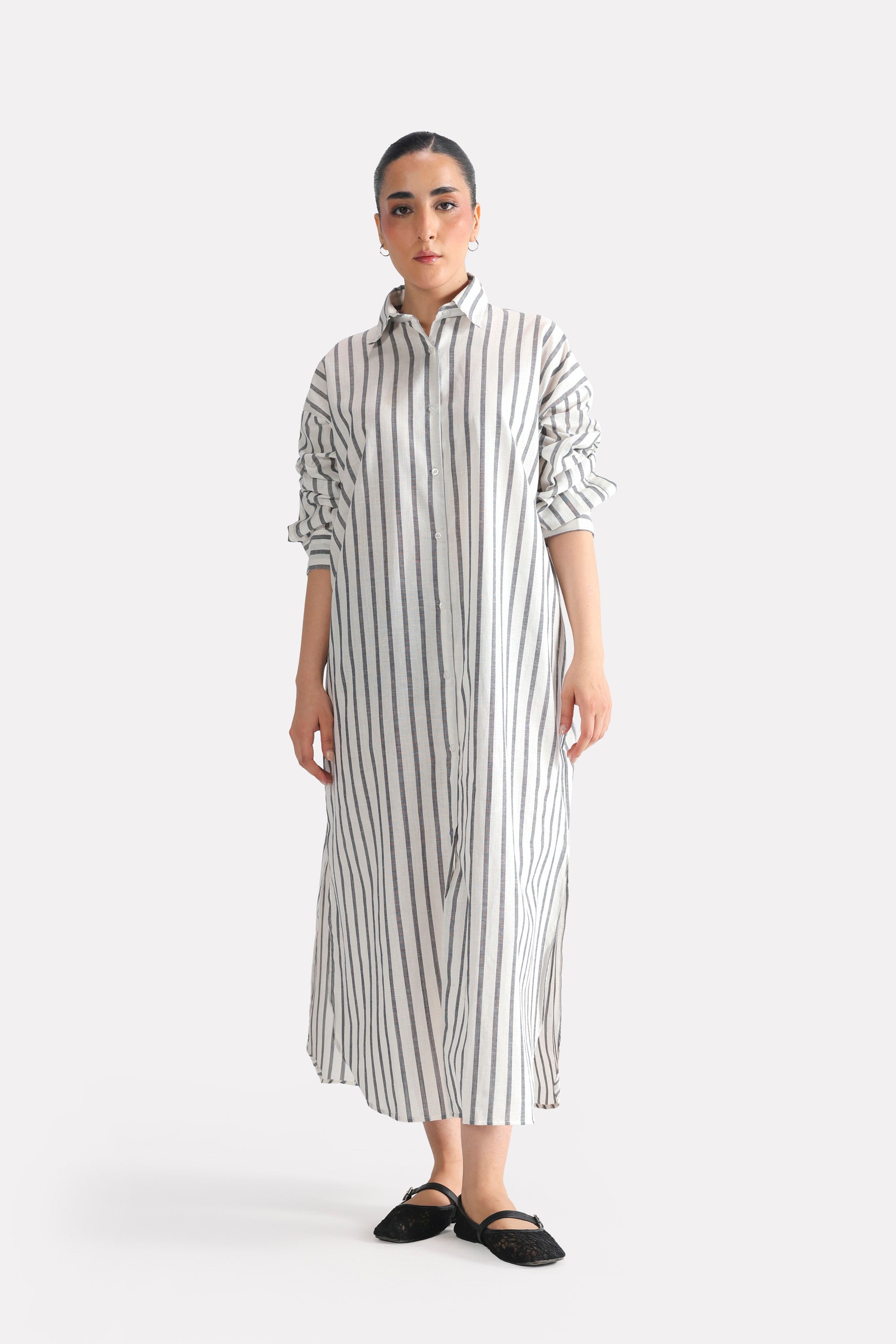 Grey & white stripe classic a-line shirt dress in cotton-linen blend, worn by a model, by SOLA Pakistan.