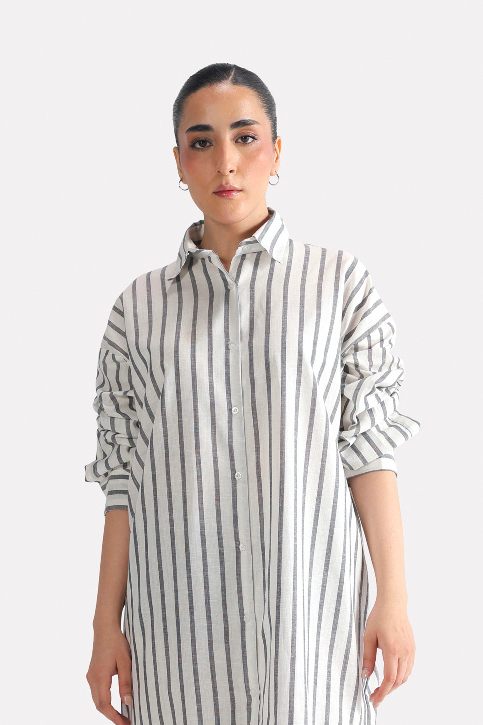 Grey & white stripe classic a-line shirt dress shown in a styled fit, by SOLA Pakistan.