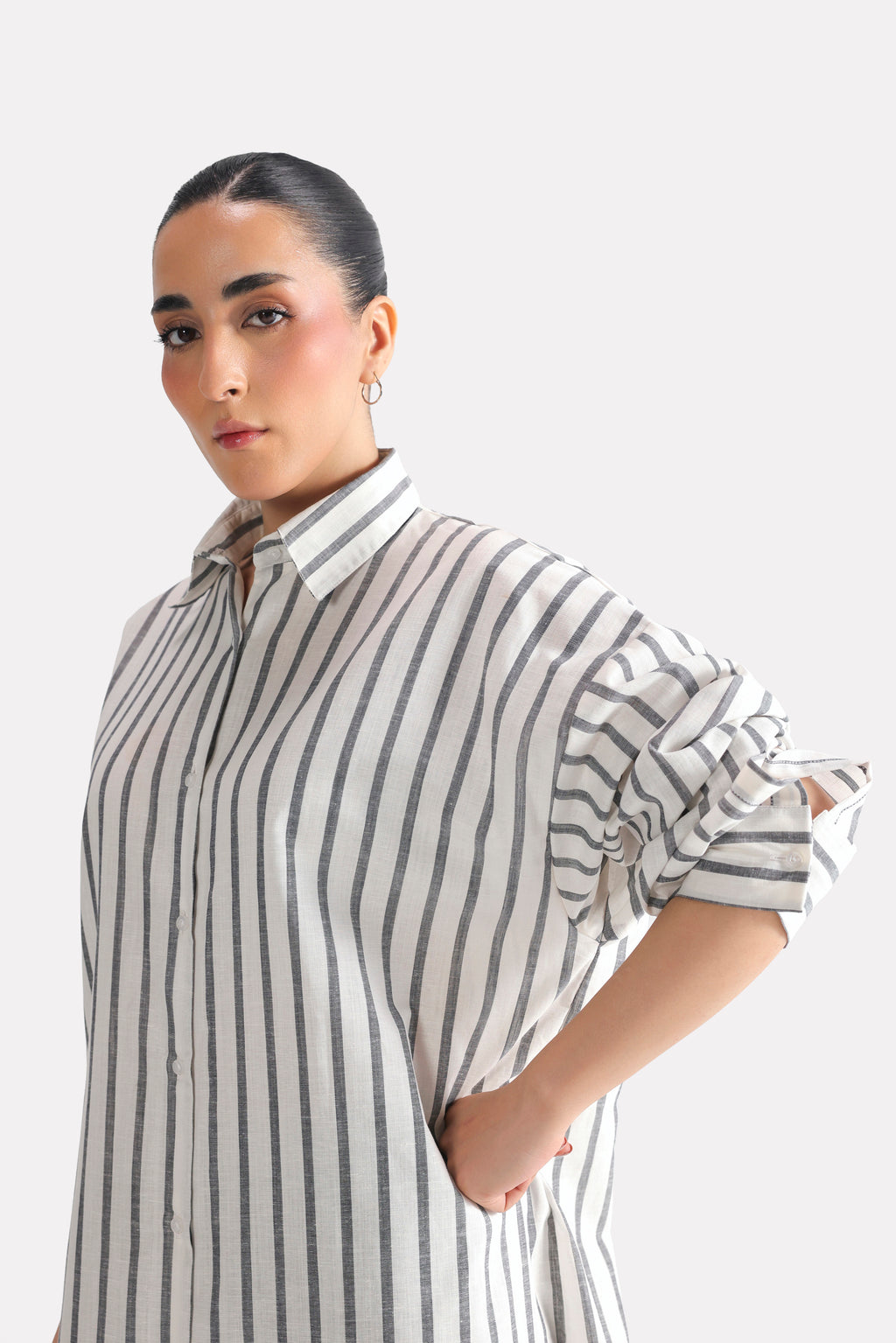Texture and fabric detail, grey & white stripe classic a-line shirt dress, by SOLA Pakistan.