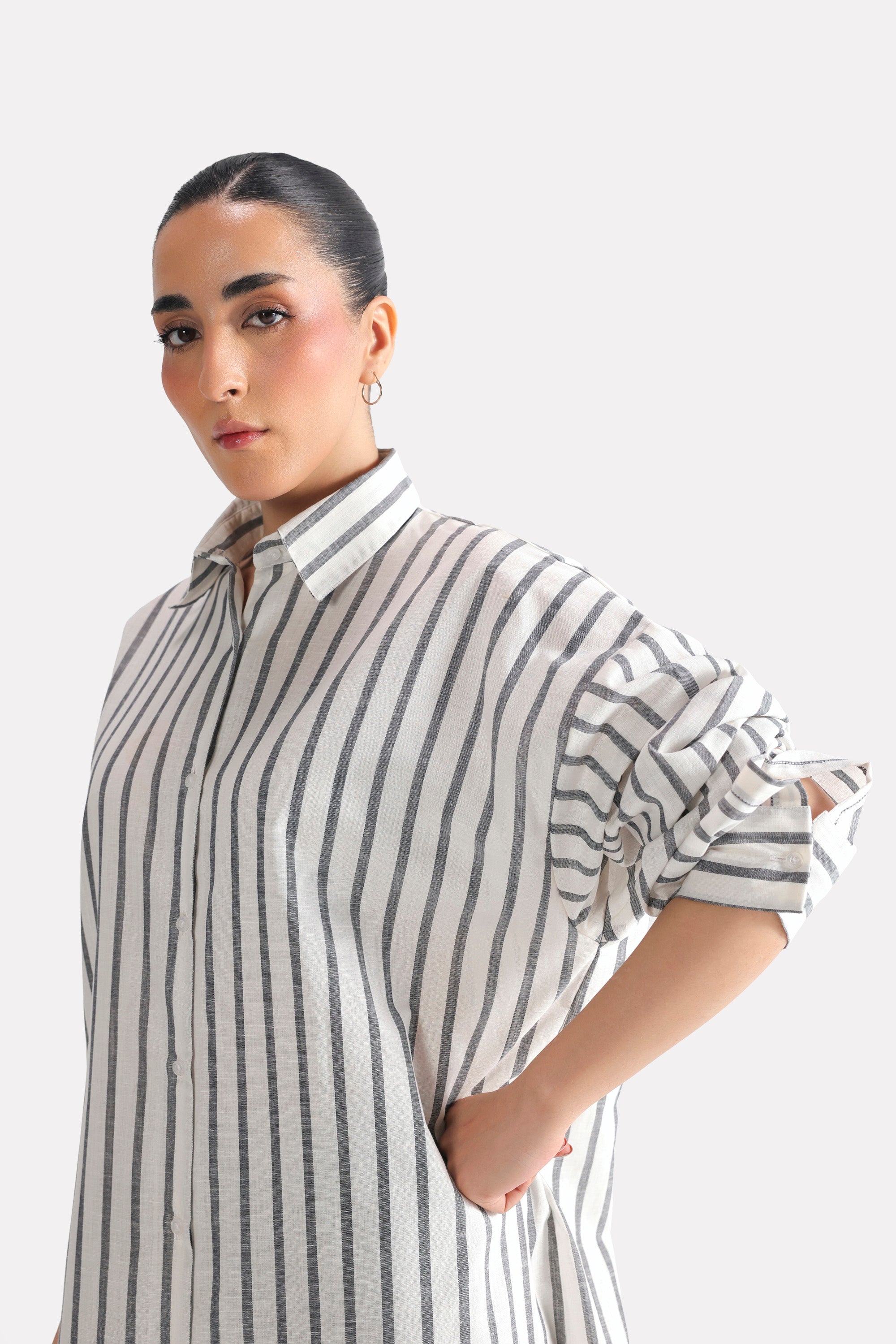 Texture and fabric detail, grey & white stripe classic a-line shirt dress, by SOLA Pakistan.