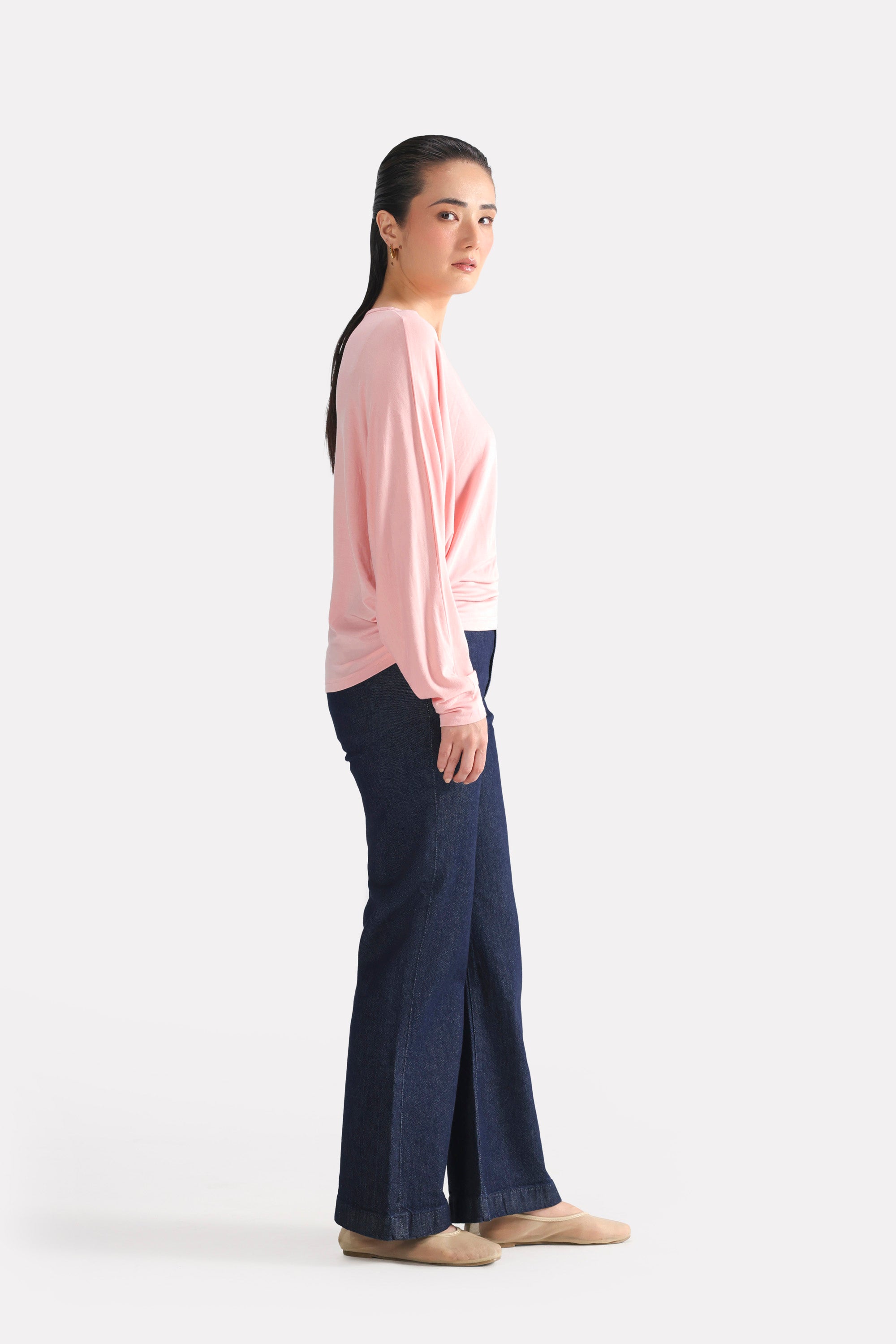 Light pink fluid sleeve t-shirt, full styled look, by SOLA Pakistan.