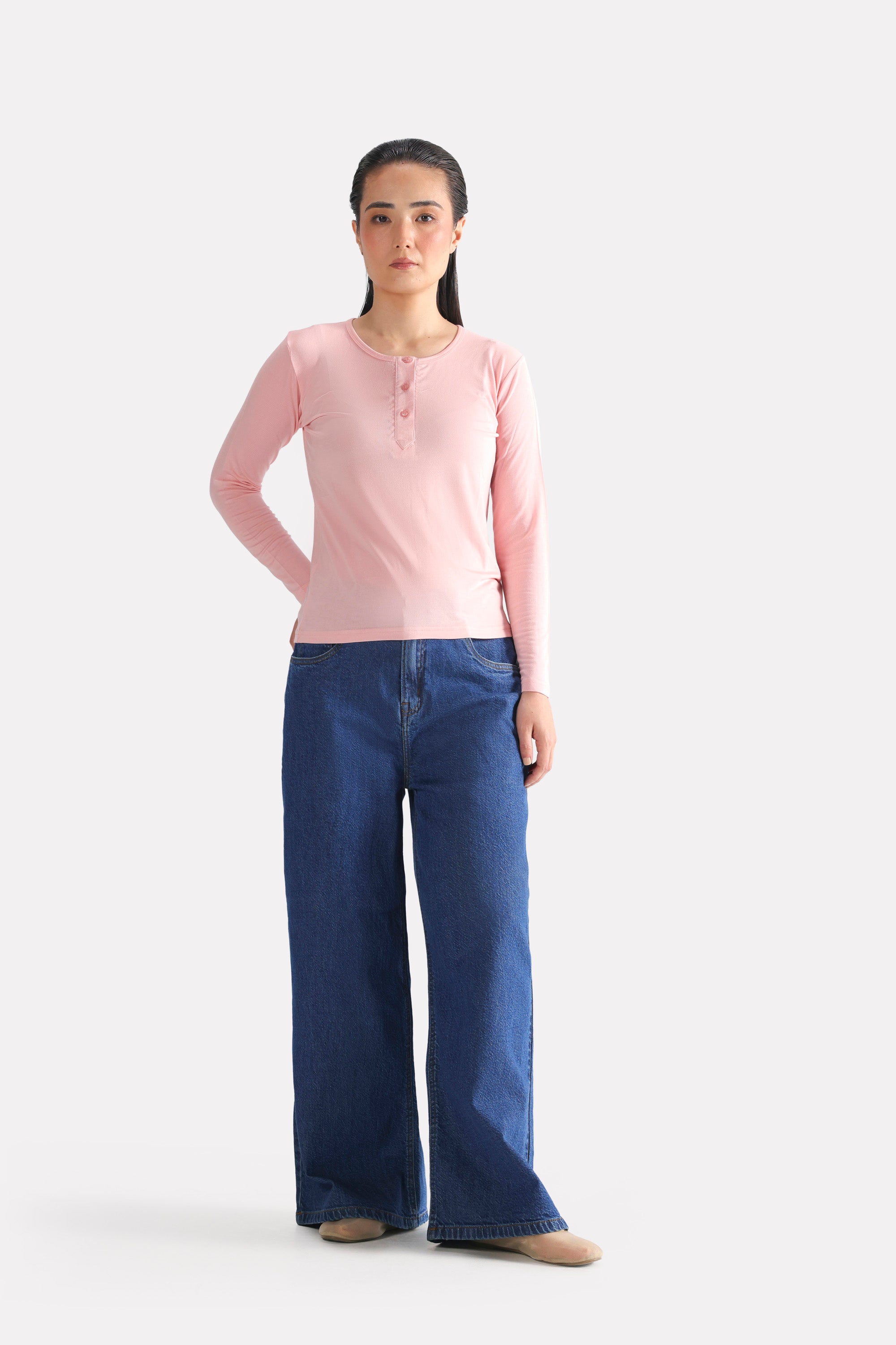 Light pink henley t-shirt, full styled look, by SOLA Pakistan.