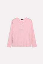 Light pink henley t-shirt shown in a styled fit, by SOLA Pakistan.