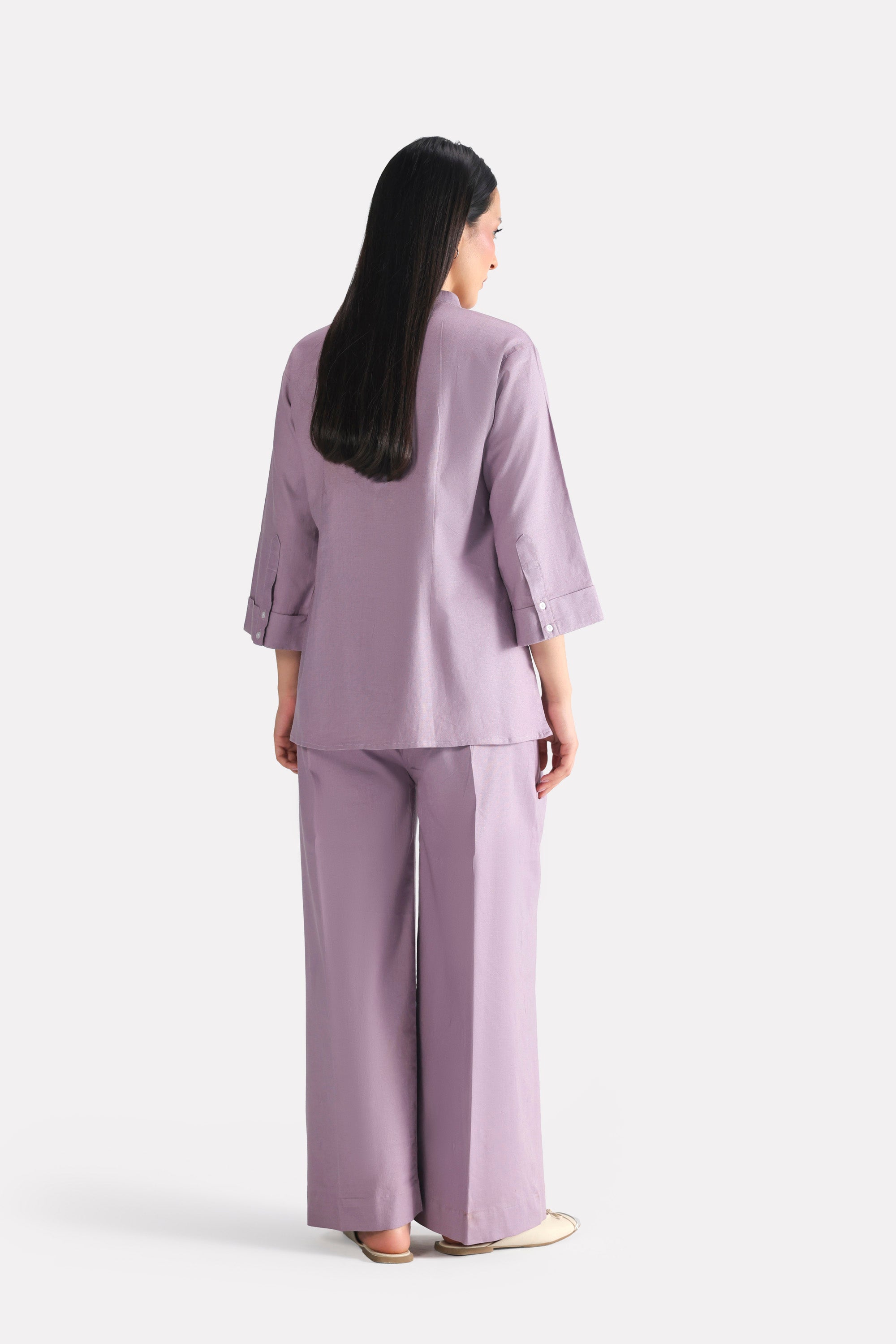Flat lay of the light purple (lilac) loop & lounge bottom, by SOLA Pakistan.