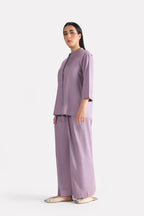 Light purple (lilac) loop & lounge top, full styled look, by SOLA Pakistan.