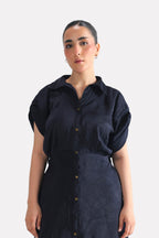 Additional view of the mid night blue cap sleeve shift dress, by SOLA Pakistan.