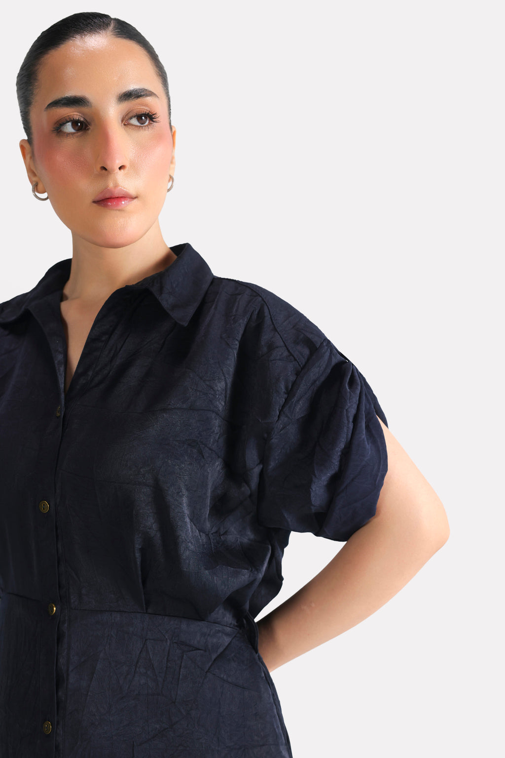 Mid night blue cap sleeve shift dress, alternate angle, by SOLA Pakistan.