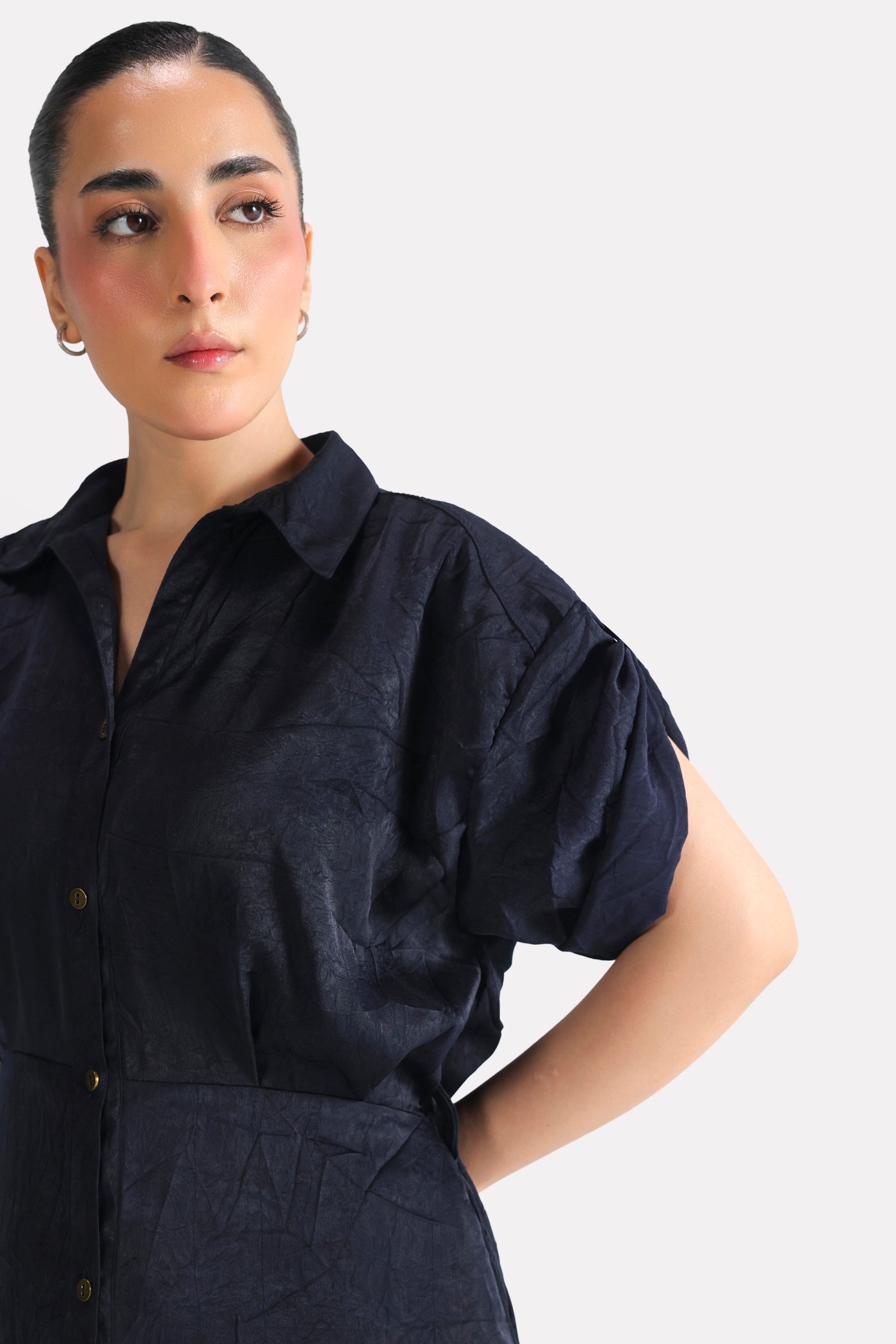 Mid night blue cap sleeve shift dress, alternate angle, by SOLA Pakistan.
