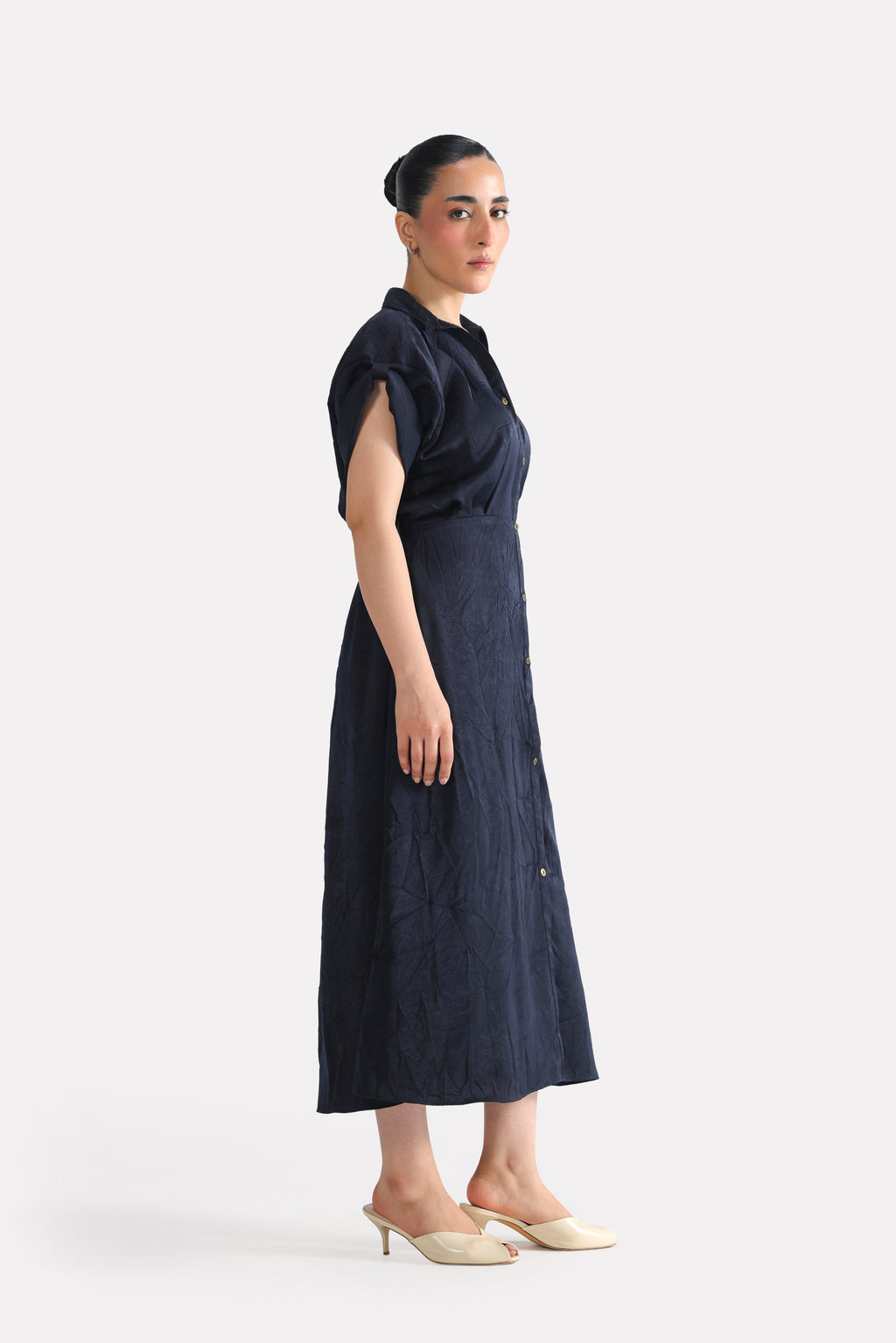 Mid night blue cap sleeve shift dress, full styled look, by SOLA Pakistan.