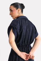 Texture and fabric detail, mid night blue cap sleeve shift dress, by SOLA Pakistan.