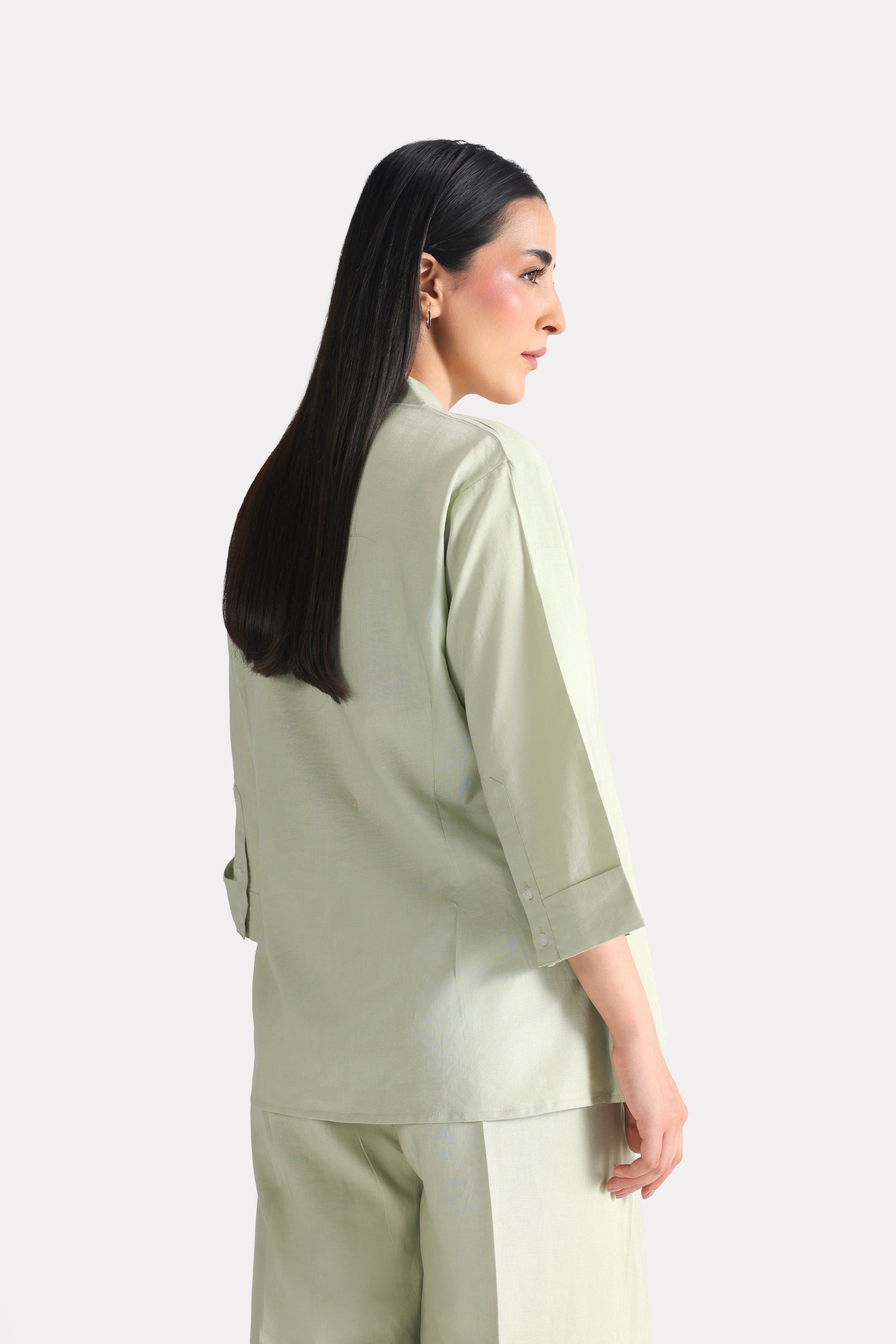 Mint green loop & lounge top, alternate angle, by SOLA Pakistan.