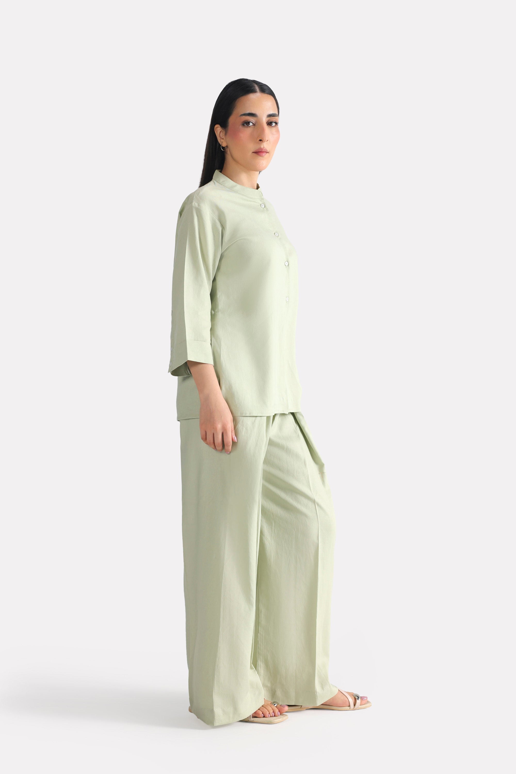 Mint green loop & lounge top, full styled look, by SOLA Pakistan.