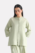 Mint green loop & lounge top in cotton-linen blend, worn by a model, by SOLA Pakistan.