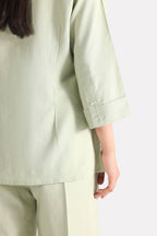 Texture and fabric detail, mint green loop & lounge top, by SOLA Pakistan.