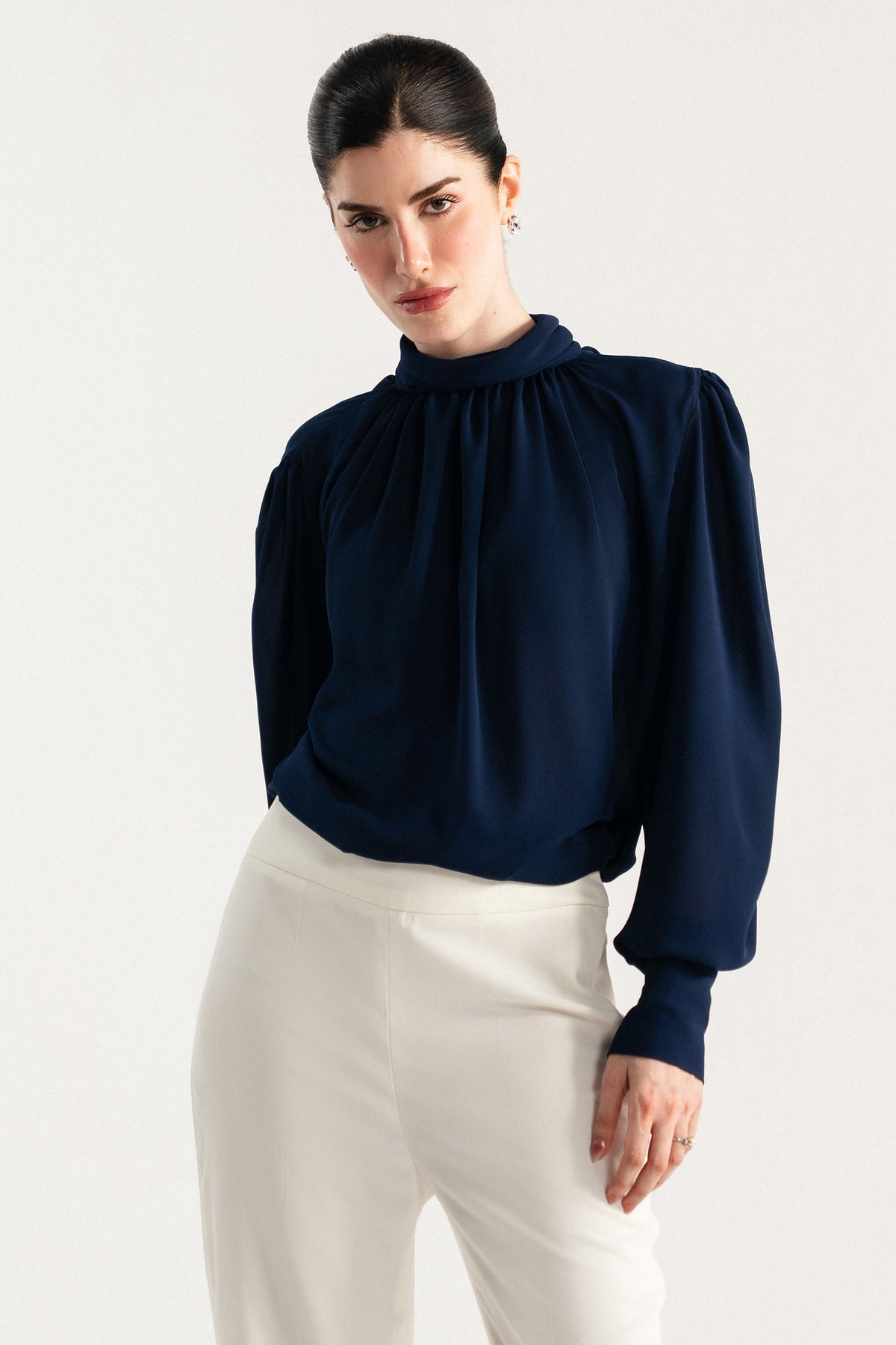 Navy blue gathered highneck blouse, alternate angle, by SOLA Pakistan.