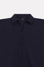Additional view of the navy blue minimal cap sleeve woven shirt, by SOLA Pakistan.