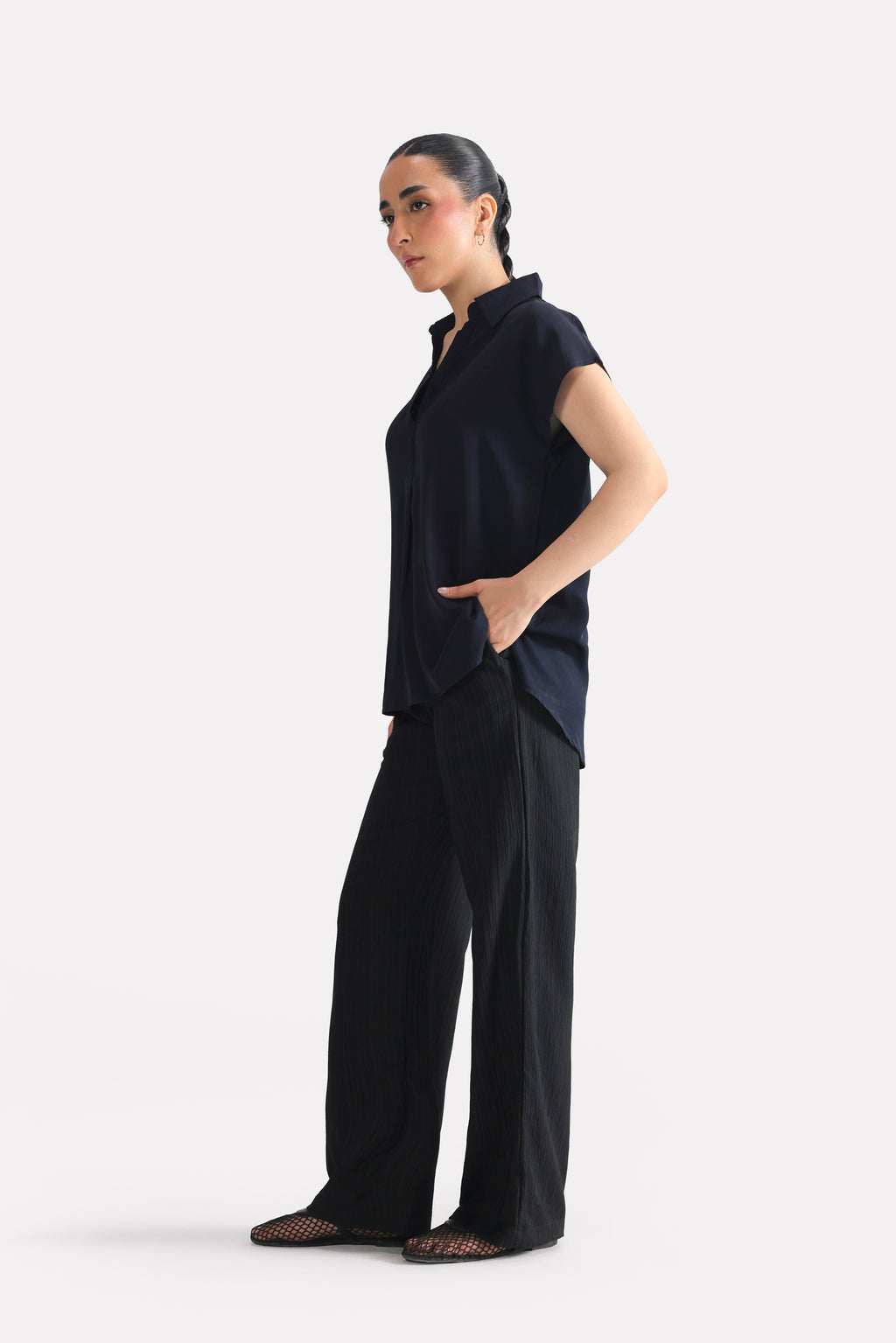Navy blue minimal cap sleeve woven shirt, alternate angle, by SOLA Pakistan.
