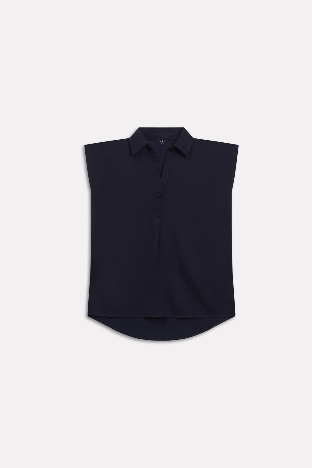Close-up detail on the navy blue minimal cap sleeve woven shirt, by SOLA Pakistan.