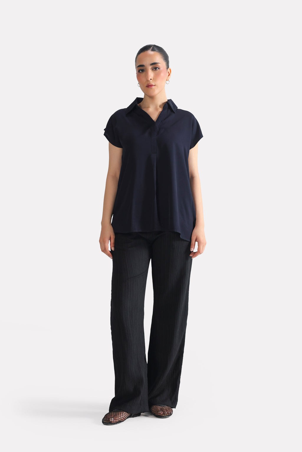 Navy blue minimal cap sleeve woven shirt, full styled look, by SOLA Pakistan.