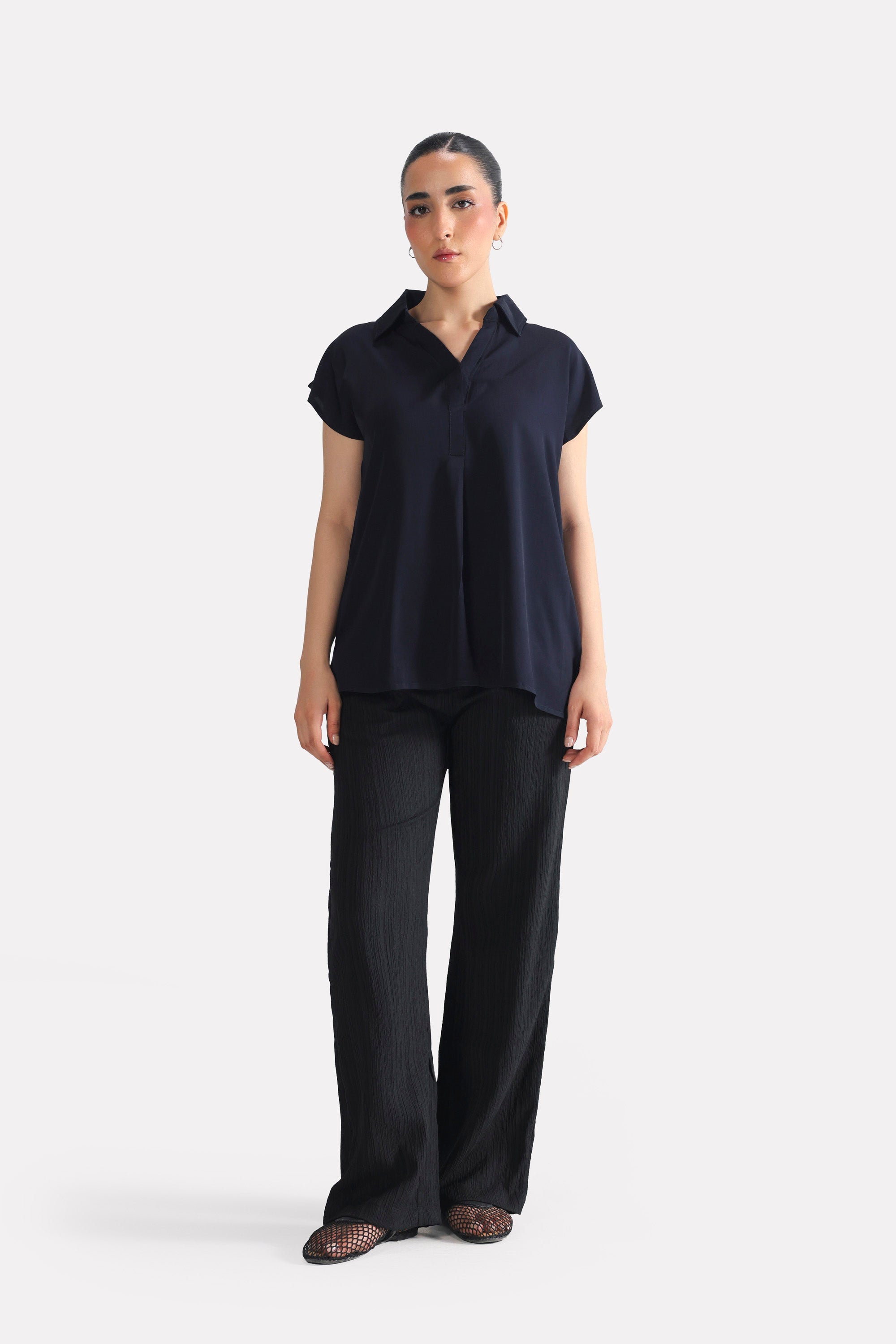 Navy blue minimal cap sleeve woven shirt, full styled look, by SOLA Pakistan.