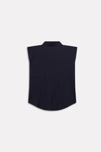 Navy blue minimal cap sleeve woven shirt shown in a styled fit, by SOLA Pakistan.