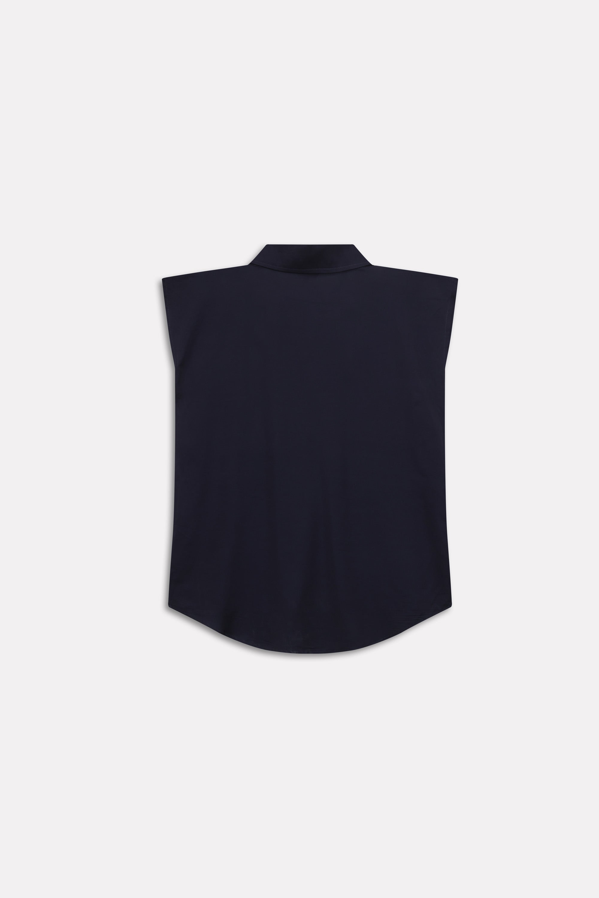 Navy blue minimal cap sleeve woven shirt shown in a styled fit, by SOLA Pakistan.