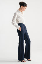 Navy blue sculpted high waisted layered wide leg trouser, alternate angle, by SOLA Pakistan.